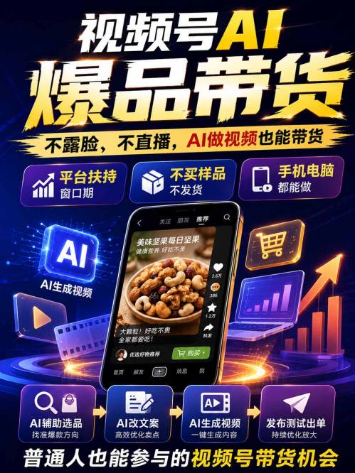 视频号Ai爆品带货，不露脸、不直播、不买样品、不开店、不发货，AI做视频也能带货，轻松单日佣金1k 