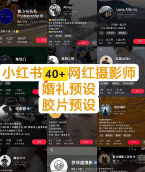 独家高质量调色素材合集！精选小红书40 多位网红婚礼/人像/风光摄影师的预设，按姓名整理，建议收藏！